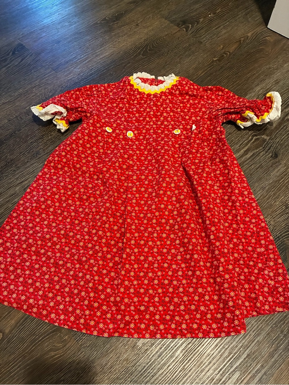 Vintage Red Floral Girls'  Dress with Yellow Trim butterfly buttons